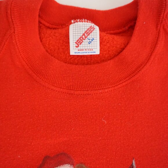 Vintage Jerzees Red Teddy Bear Christmas Sweatshirt Festive Holiday Santa Hat  L - Picture 9 of 10